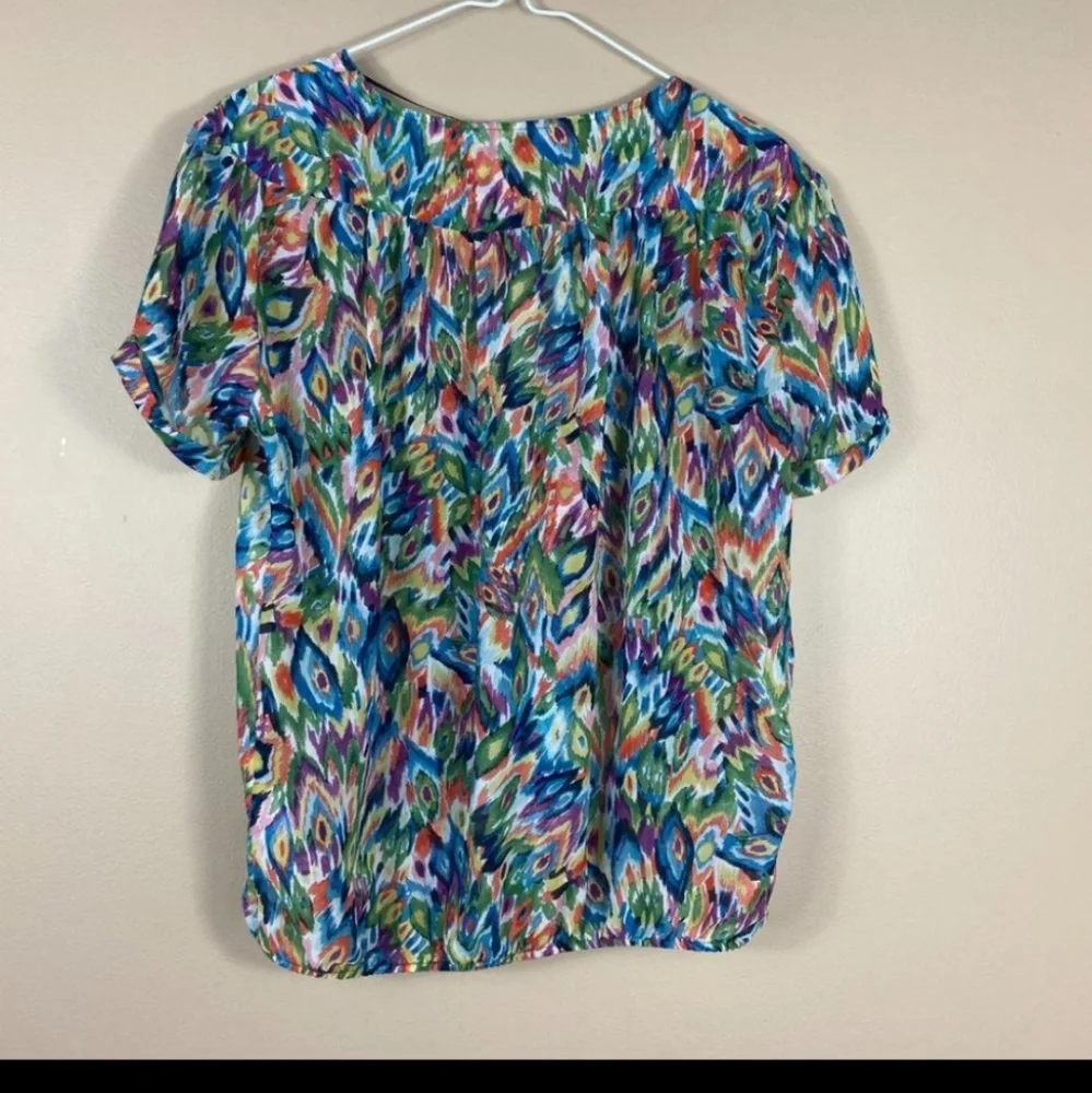 Zara Watercolour vneck Printed Short Sleeve Blouse Semi-Sheer - Picture 3 of 8